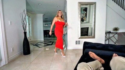Blonde Abby Rose in tight red dress seducing BBC lounging on couch