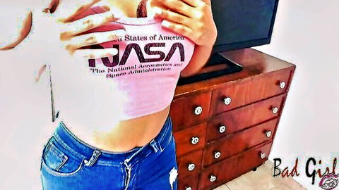 Sexy latina lifts pink NASA shirt flashing huge underboob in tight jeans big ass tease