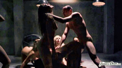 Intense 9 vs 1 rough orgy marathon with nude women surrounding one man in explicit group sex