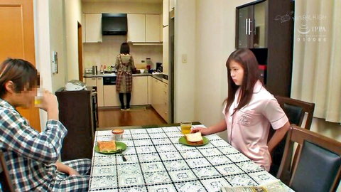 Japanese stepbrother and stepsister in cozy kitchen pajamas breakfast