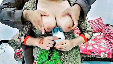 Man gropes massive tits of Pakistani wife lactating milk from nipple into glass