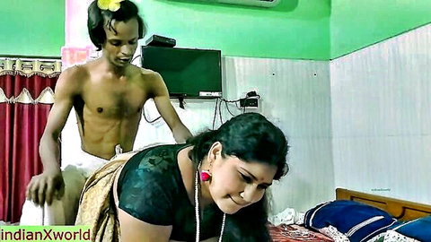 Skinny Indian man grabs chubby housewife's hips doggy style on bed in saree