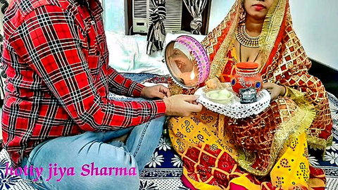 Hotty Jiya Sharmaa in Karwa Chauth Indian couple ritual tease