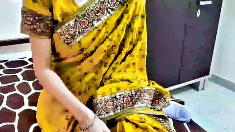 Saarabhabhi6 in yellow embroidered sari, Indian teacher roleplay tease