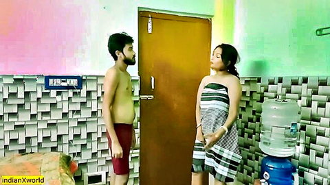 Hot Indian Bhabhi in striped dress with shirtless man in cheating scene
