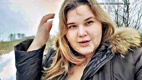 Blonde cutie with big tits takes excited selfies after outdoor facial cumshot