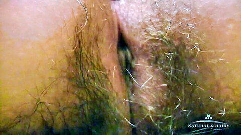 Extreme closeup of woman's hairy bushy pussy with thick pubic hair and spread labia