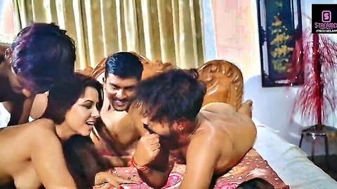 Indian women in hardcore gangbang with nude men on bed, explicit group sex