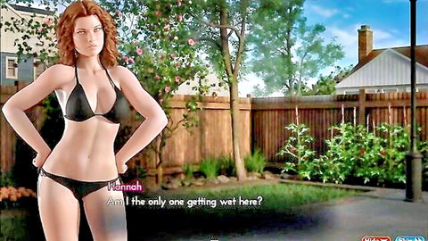 Redhead Hannah in black bikini by pool, teasing 'Am I the only one getting wet?'