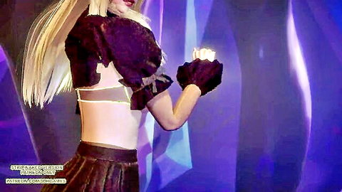 Sexy Ahri K/DA MMD dance in cropped top and skirt, blonde hair side view