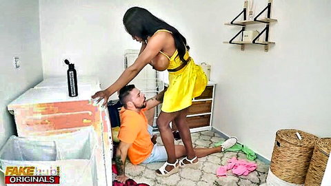 Ebony Mystique in yellow dress bends over, teasing housemate with big ass and tits