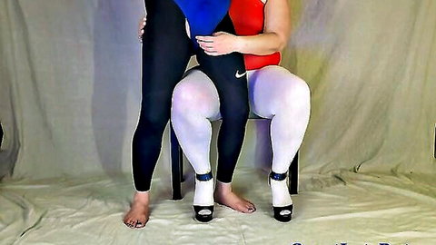 Chubby girl in white pantyhose and heels gives bulge massage to hubby in leggings and swimsuit