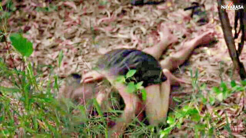 Brunette spreads legs wide outdoors exposing shaved pussy and tight ass ready for anal fuck