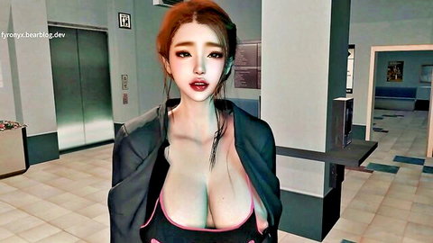 Teary Asian redhead in open jacket revealing big cleavage, softcore tease