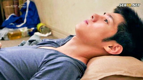 Asian man lying relaxed on bed, loose shirt, post-intimate moment with stepsister theme