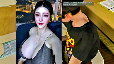 Seductive Asian MILF stewardess in low-cut black dress teasing young classmate, 3D animation