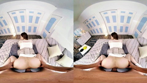 Jillian Janson VR: Slim brunette bends over bed, exposing round ass