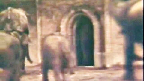 Vintage historic scene with elephants approaching arched stone doorway
