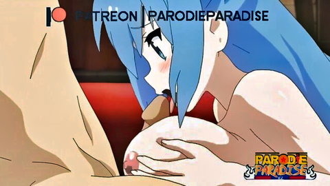 Teary-eyed blue-haired hentai babe's big tits groped by muscular hand exposing erect nipple
