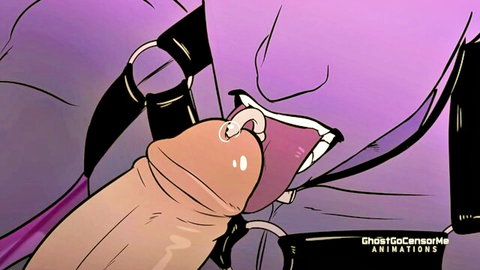 Animated babe deepthroats huge pierced cock with saliva dripping from open mouth