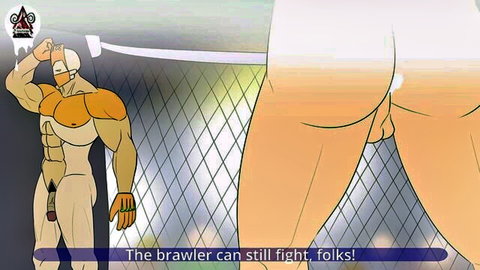 Muscular orange cartoon brawler wielding sword with dangling balls beside huge exposed ass and cock from behind