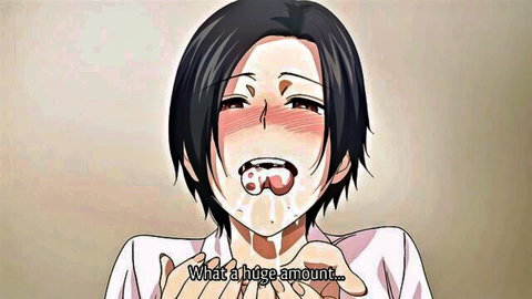 Busty anime office lady Miss Muramata with huge cumshot on tongue and lips