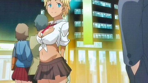 Blonde anime teen hooker in tied shirt and short skirt satisfying old man