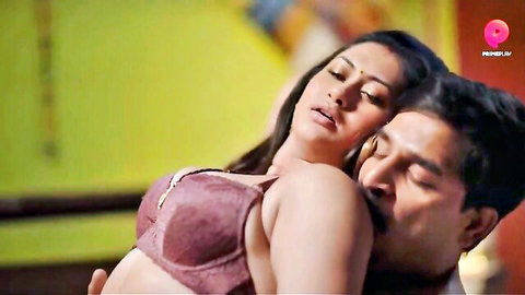 Hot Indian MILF in maroon bra embracing lover passionately