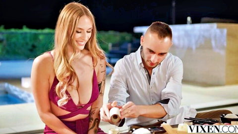 Angel Youngs curvy blonde in revealing purple dress with man