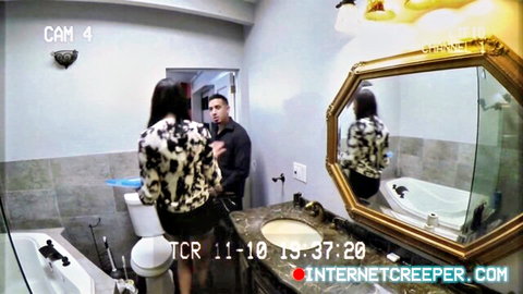 Bethany Benz tall ebony beauty in short skirt bathroom tease with man