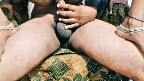 Indian babe with anklets grabs thick black cock and squats to impale her wet pussy