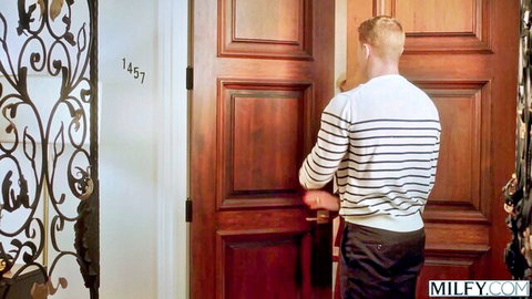 Striped sweater man opening ornate hotel room door 1457 on MILFY.com