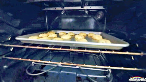 Fresh golden cookies baking on tray inside open oven