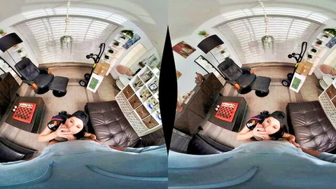 Brunette with open mouth teases blowjob on cock while playing board game in VR POV