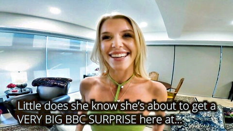 Smiling blonde petite teen in low-cut top unaware of massive BBC about to stretch her tight pussy