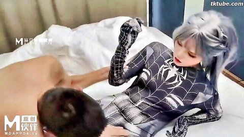Asian Spider cosplay babe with small tits fucked missionary by nude guy on bed
