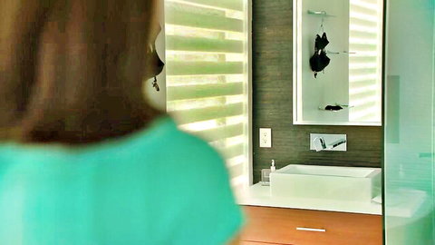 Lana Rhoades in teal top, black lingerie in mirror, seductive bathroom pose