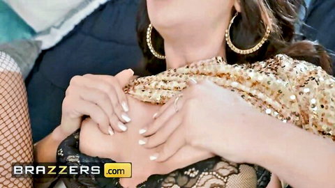 Katie Kush in gold sequin top and black lace bra, fishnets for Brazzers threesome with Kylie Rocket