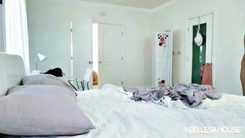 Ryan Keely nude on bed in hot mom scene, curvy MILF posing seductively
