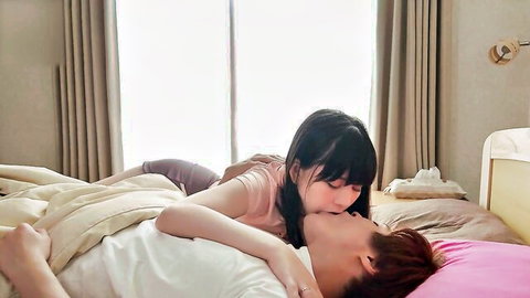 Asian ex-girlfriend Kisaki kissing lover on bed in intimate affair scene