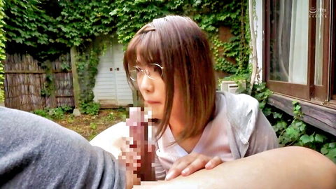 Sachiko in glasses giving outdoor blowjob to landlord