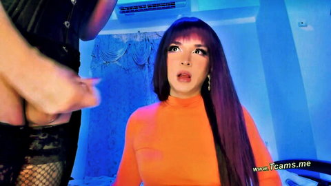 Purple-haired trans slut shocked by friend's babecock close-up
