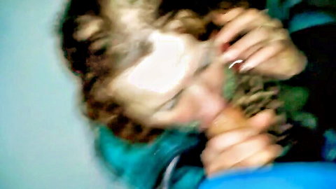 Pale chubby dark-haired housewife giving blowjob to friend