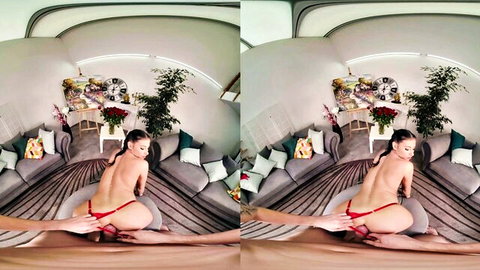 Teen babe Lilly Bella nude from behind in red thong, teasing ass on couch in VR