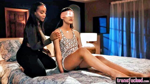 Zariah Aura blindfolded in surprise shemale tease session