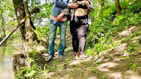 Pregnant mother-in-law topless and pants down in park exposure