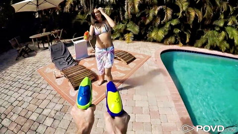 Harmony Wonder in skimpy bikini with water guns by pool POV