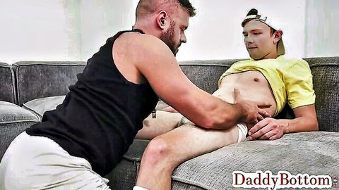 Hairy DILF gropes twink's exposed cock before bareback pounding