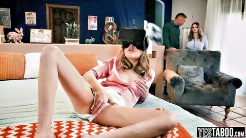 Blonde in VR headset spreads legs fingers wet pussy masturbating while couple watches