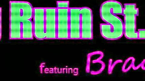 Glowing pink and green neon text banner 'JUST STARTS featuring Brandi' for hot porn video